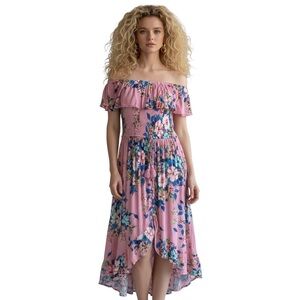 Pink Floral Off Shoulder Smocked High-Low Sundress Boho Maxi
